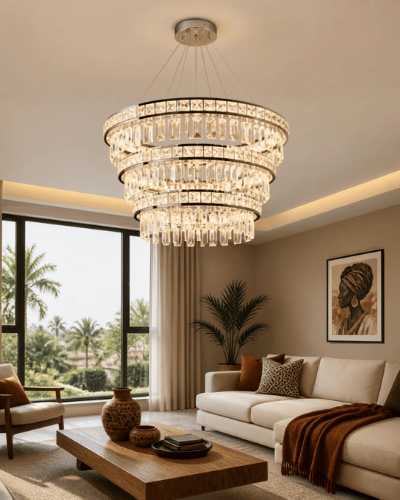 Circular Crystal Ring Chandelier installed in a modern living room