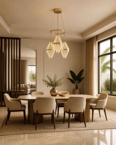 Fabbian Saya pendant light installed above a modern dining table