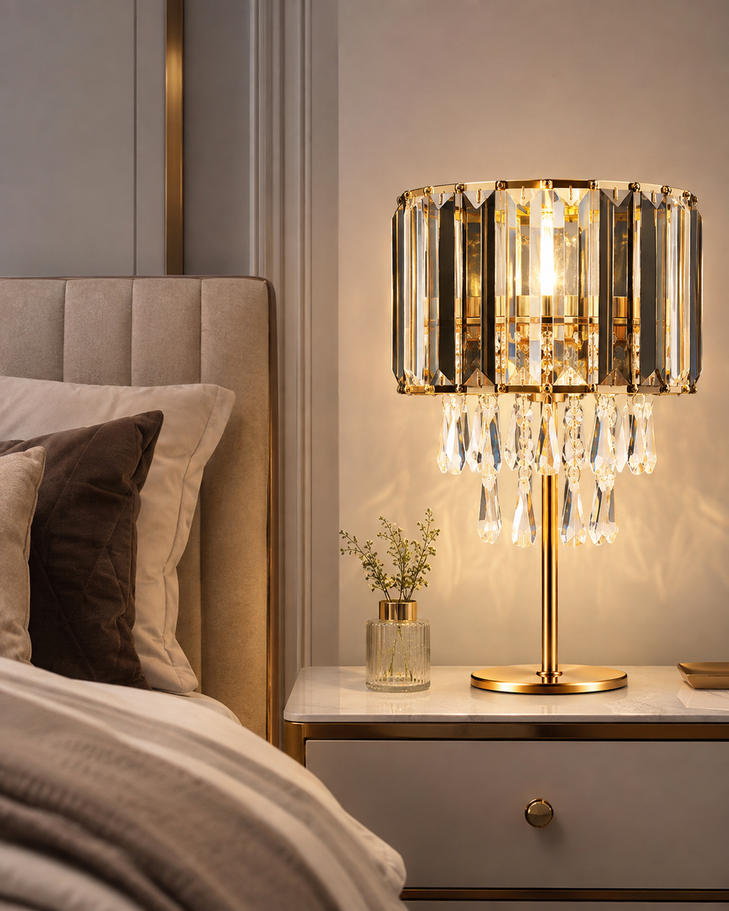 K9 crystal bedside table lamp in a modern bedroom