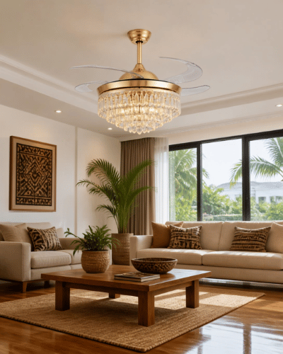 Retractable crystal chandelier ceiling fan installed in a modern living room